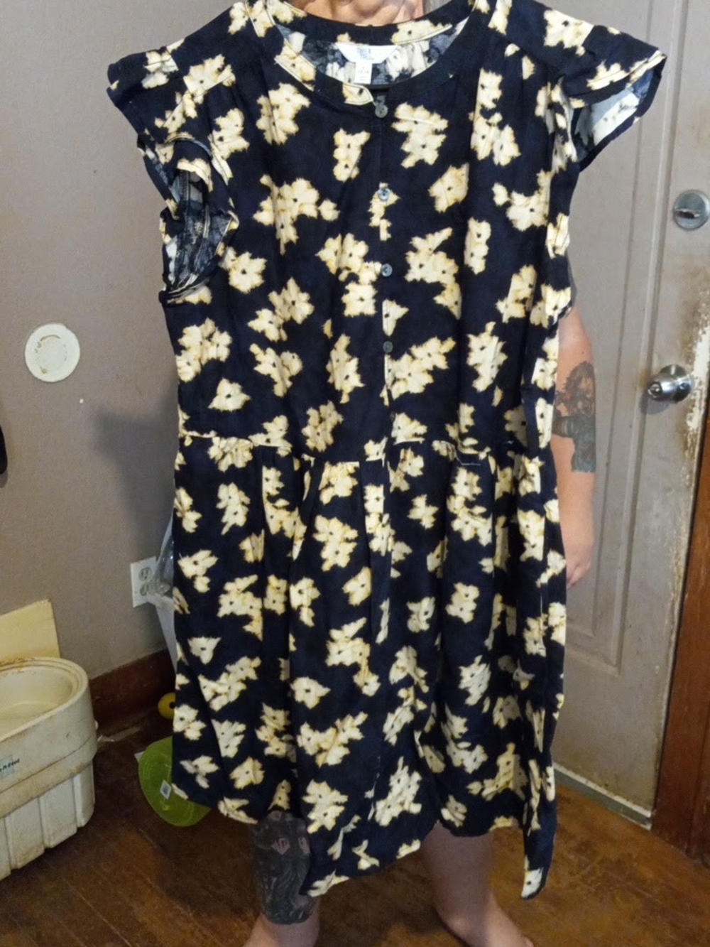 Time and Tru Navy Midi Dress with Cream Floral Print